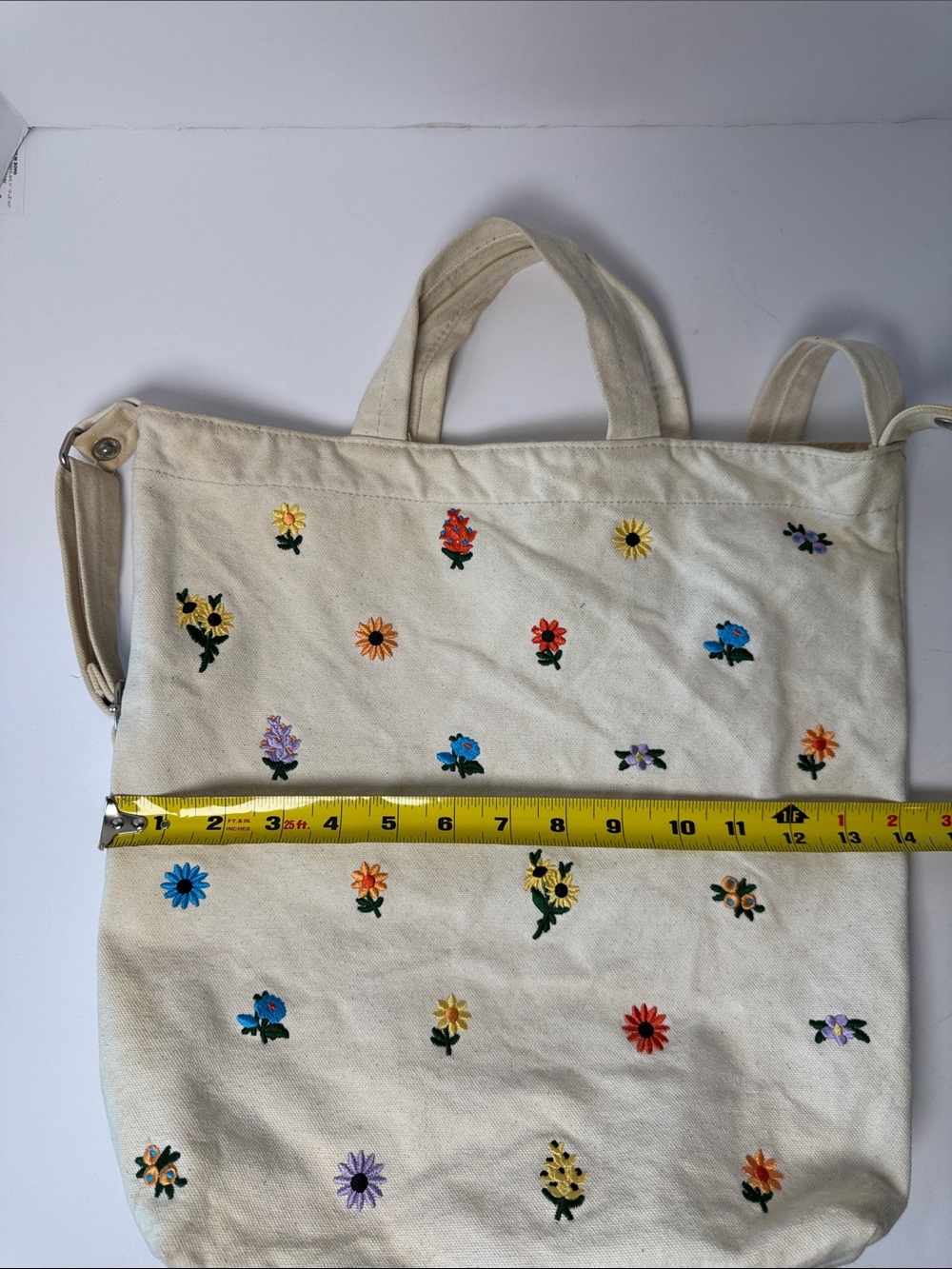 BAGGU Duck Bag Recycled Cotton Canvas Embroidered Ditsy Floral Tote Bag Cream - Picture 11 of 13